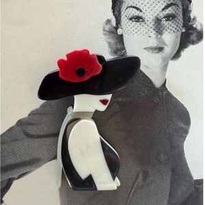 Art Deco style Brooch acrylic black white and red.